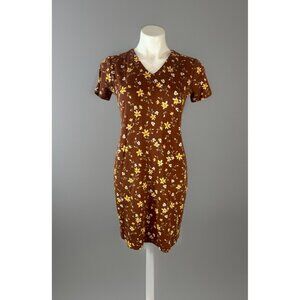 B.T By Tavi Dress Womens Size Small brown with Yellow Floral short Sleeve V Neck